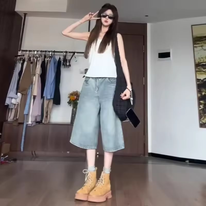 Loose Fit Thin Denim Shorts Women Summer High Waist Straight Leg plus Size Versatile 7/8 Length Trendy Casual Jeans Shorts
