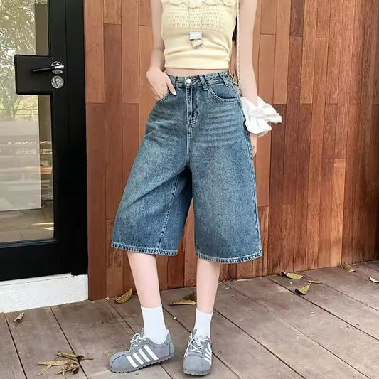 Loose Fit Thin Denim Shorts Women Summer High Waist Straight Leg plus Size Versatile 7/8 Length Trendy Casual Jeans Shorts