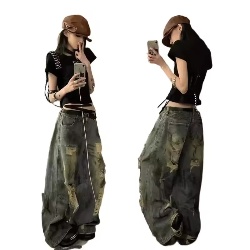 Retro Tie-Dye Distressed Denim Jeans Women's Summer Loose Straight Leg Wide Leg Pants High Waist Thin Material AE Stock