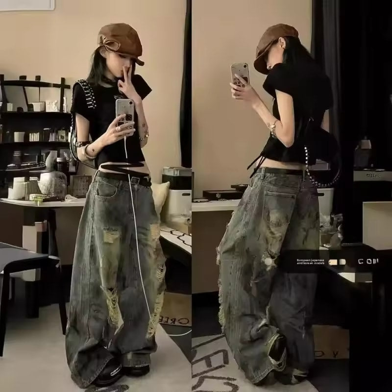Retro Tie-Dye Distressed Denim Jeans Women's Summer Loose Straight Leg Wide Leg Pants High Waist Thin Material AE Stock